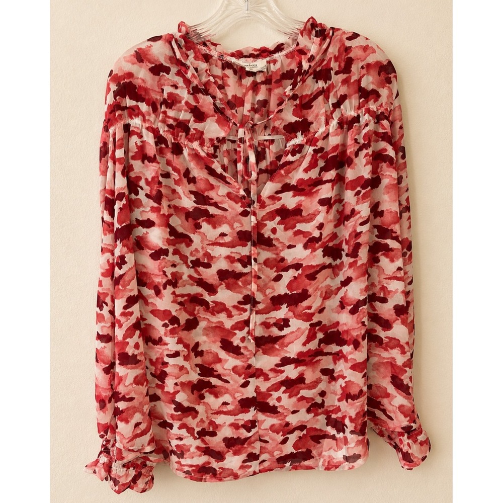 Perch by Blu Pepper Women's 1X Sheer Print Long Sleeved Blouse Plus Ruffled Neck